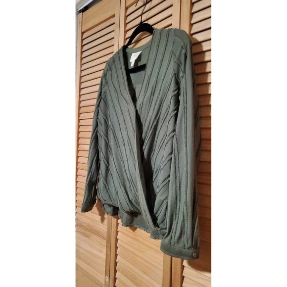 Anthropologie Maeve Audre Textured Faux Wrap Top Olive Green Small Long Sleeve - Picture 2 of 5